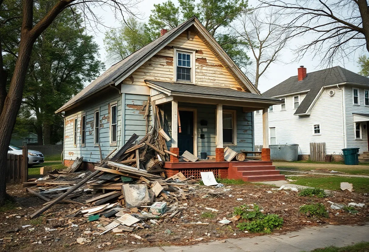 Deteriorating home in Westwood with debris and overgrown trees.