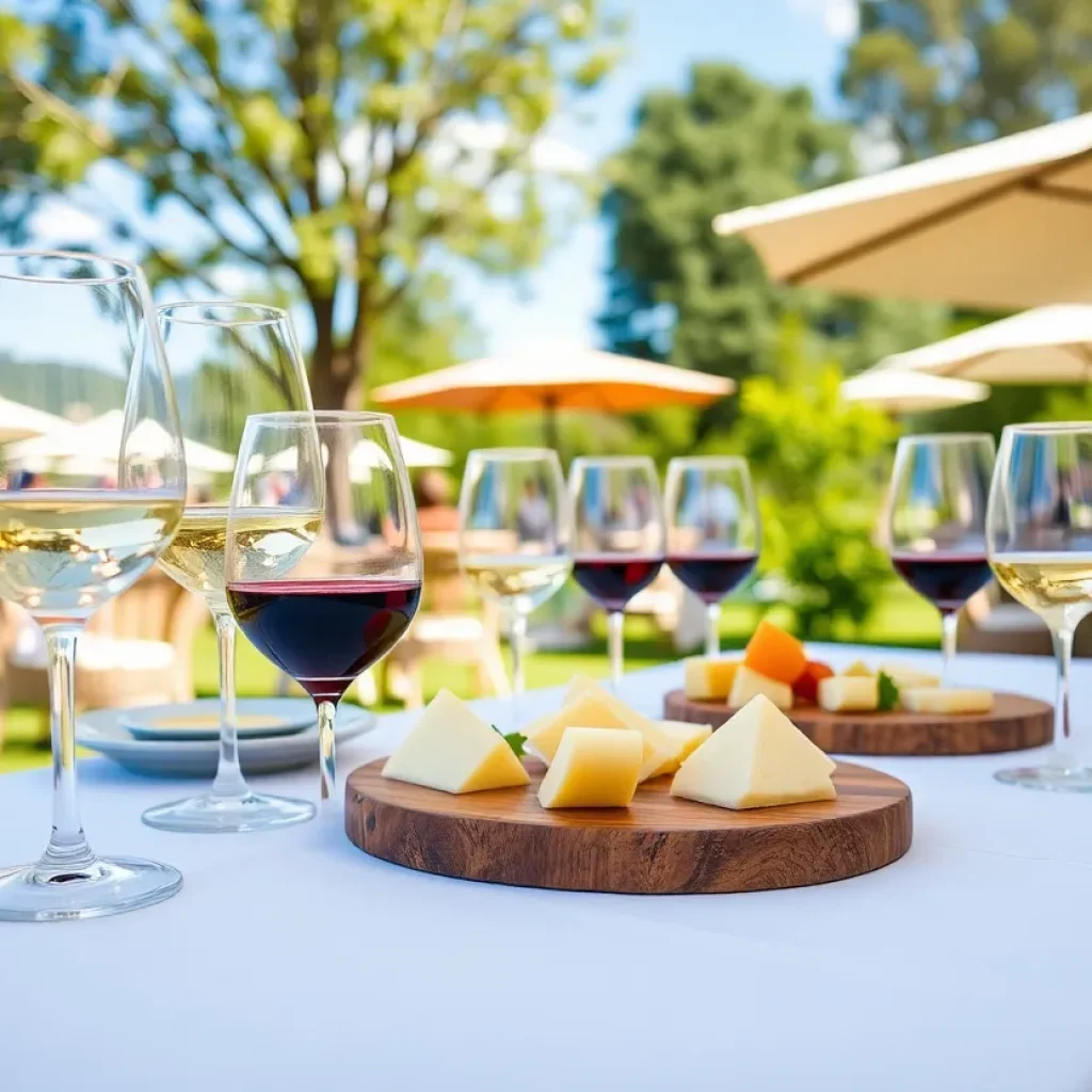 Outdoor wine tasting event with wine glasses and cheese platters.