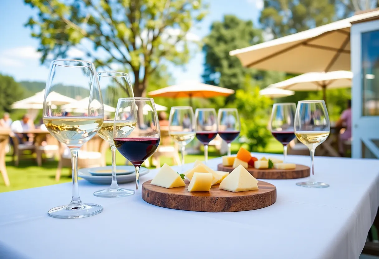 Outdoor wine tasting event with wine glasses and cheese platters.
