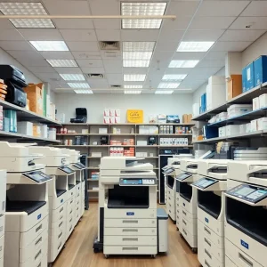 Office equipment display with printers and copiers
