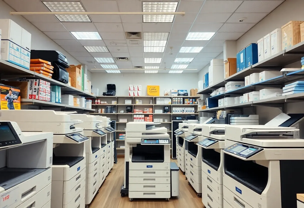 Office equipment display with printers and copiers