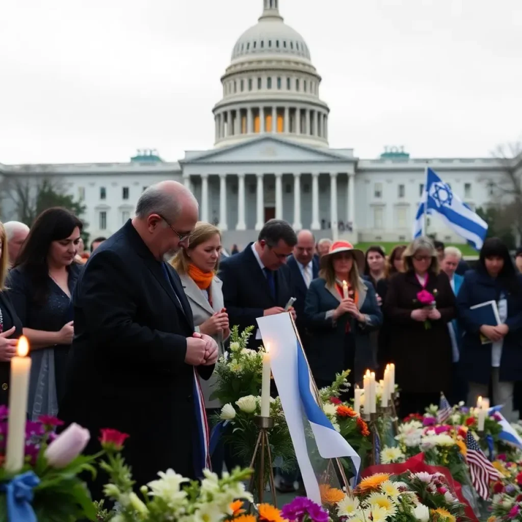 Memorial gathering for Yom HaShoah with candles and flowers