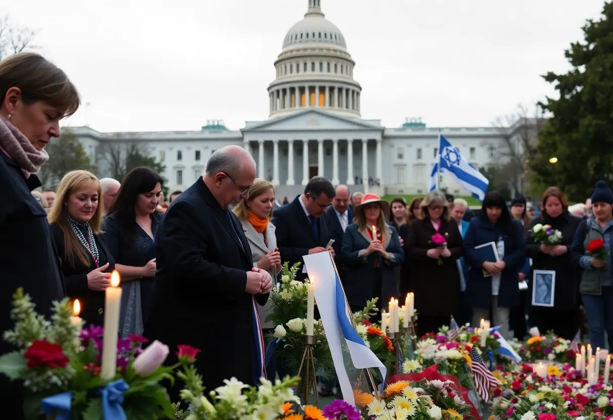 Memorial gathering for Yom HaShoah with candles and flowers