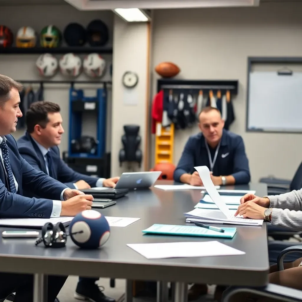 Strategic meeting with university athletic officials discussing funding options.