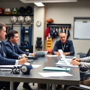 Strategic meeting with university athletic officials discussing funding options.