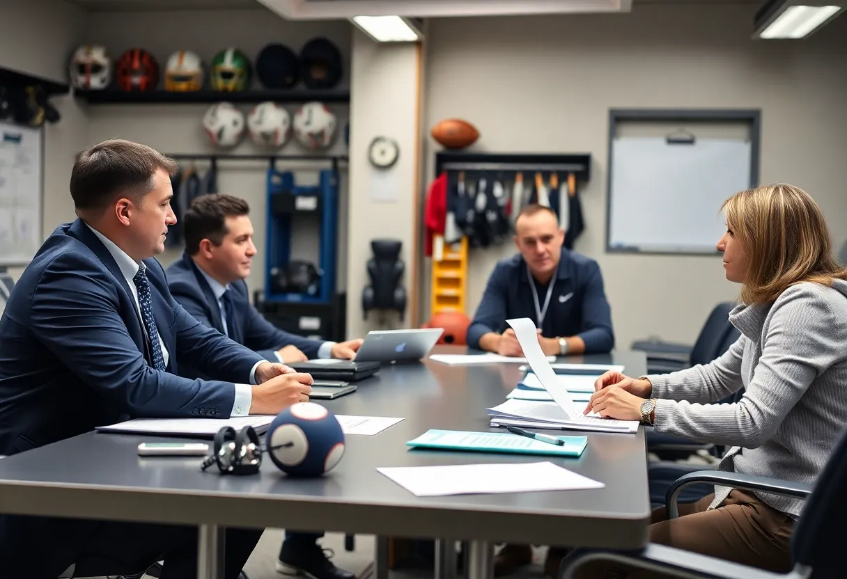 Strategic meeting with university athletic officials discussing funding options.