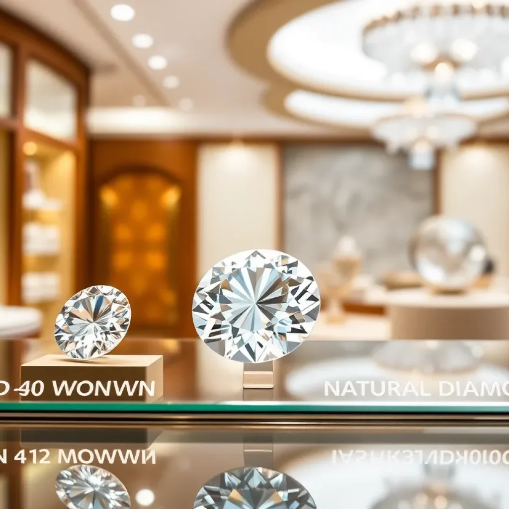 Display of lab-grown diamonds and natural diamonds in a jewelry store