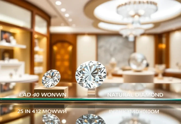 Display of lab-grown diamonds and natural diamonds in a jewelry store