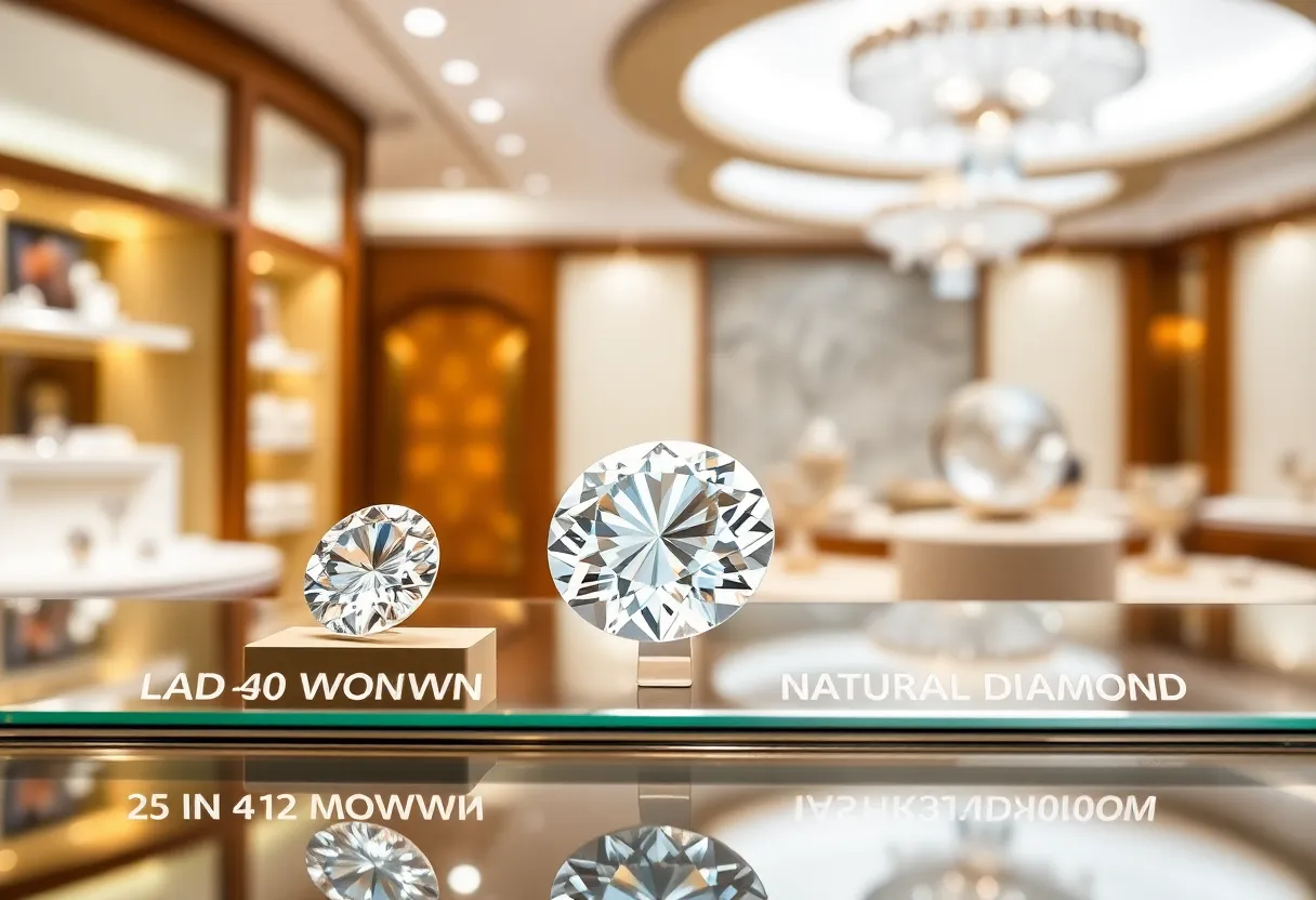 Display of lab-grown diamonds and natural diamonds in a jewelry store