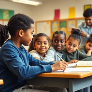 Classroom with diverse students learning and interacting with teachers.