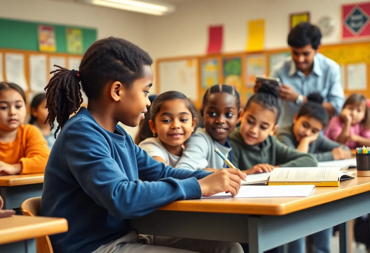 Classroom with diverse students learning and interacting with teachers.