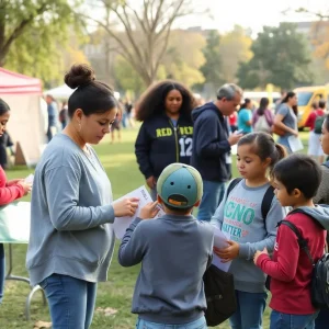 Families participating in an emergency preparedness fair at Roxbury Memorial Park.