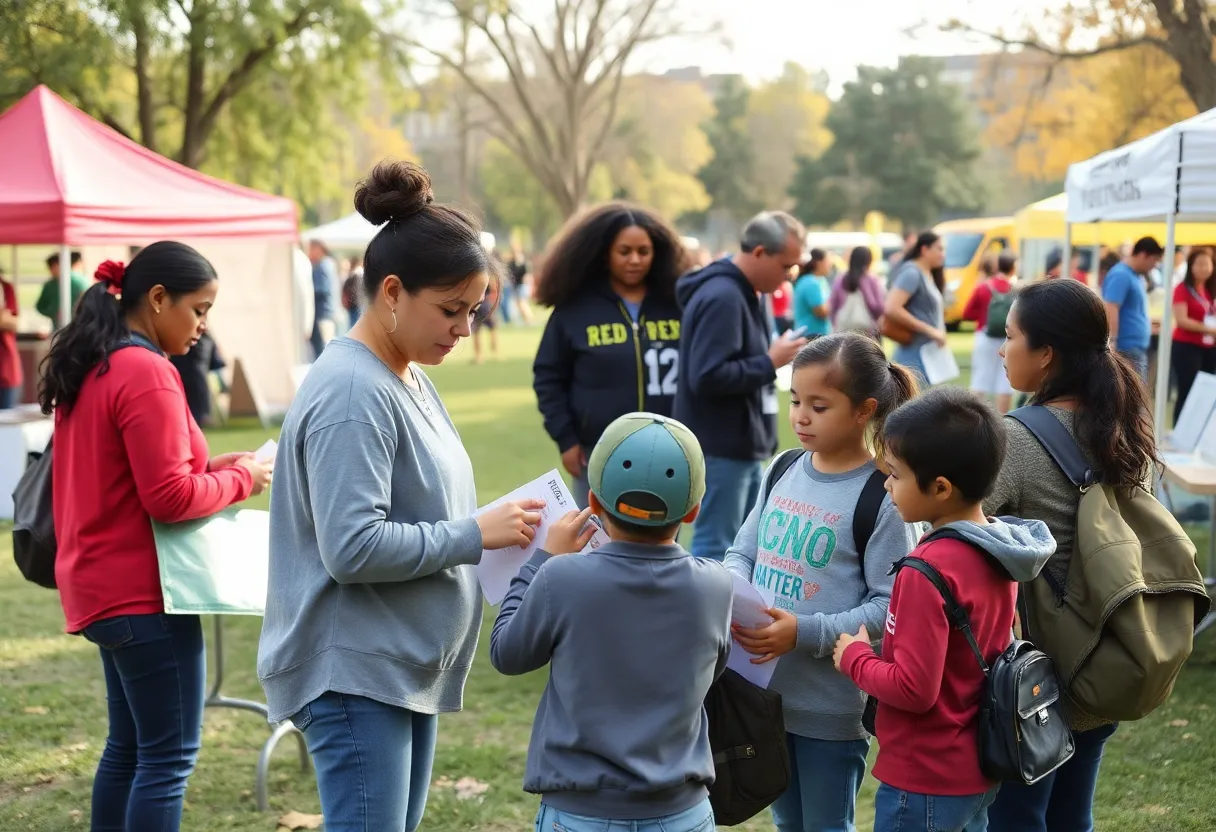 Families participating in an emergency preparedness fair at Roxbury Memorial Park.