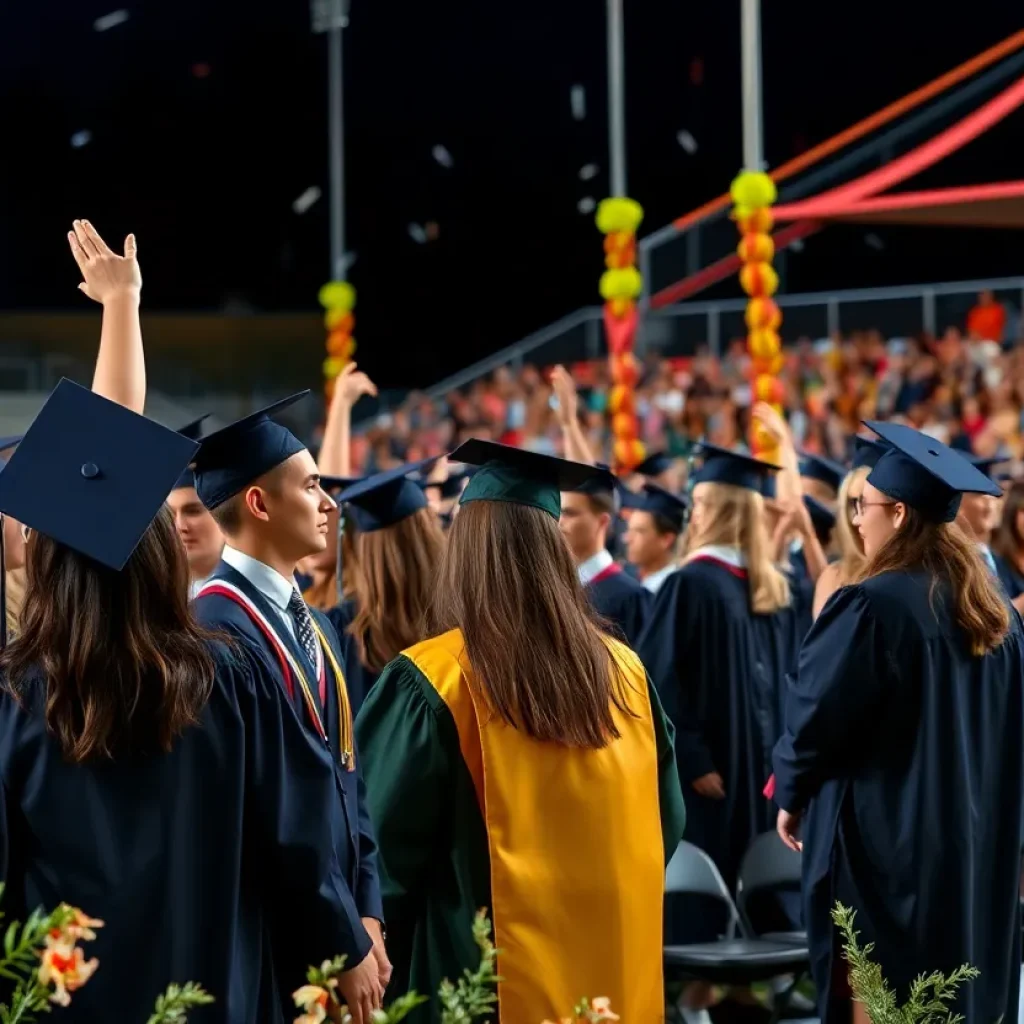 Graduates celebrating at Beverly Hills High School graduation ceremony
