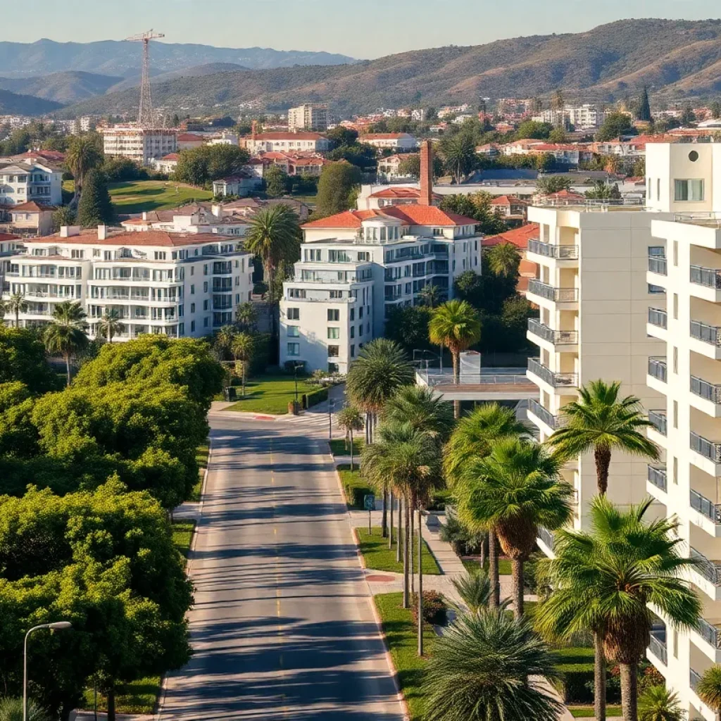 Modern housing developments in Beverly Hills with trees and urban landscape