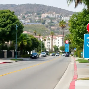 Residential area in Beverly Hills with parking restriction signs.