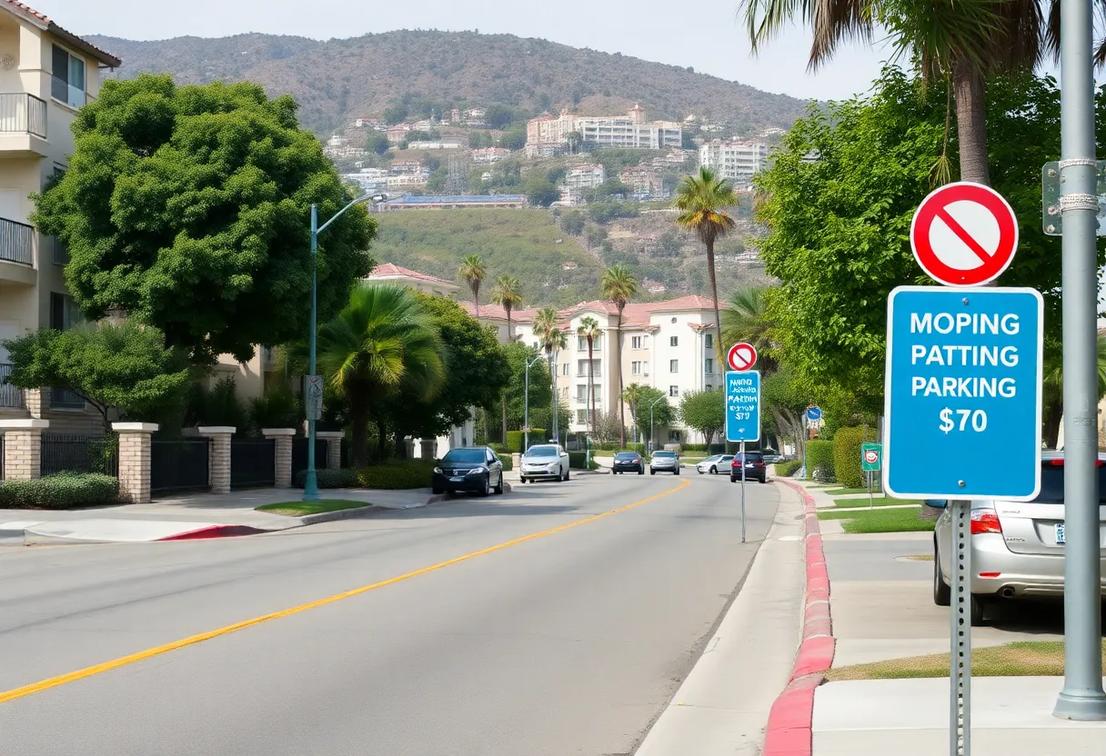 Residential area in Beverly Hills with parking restriction signs.