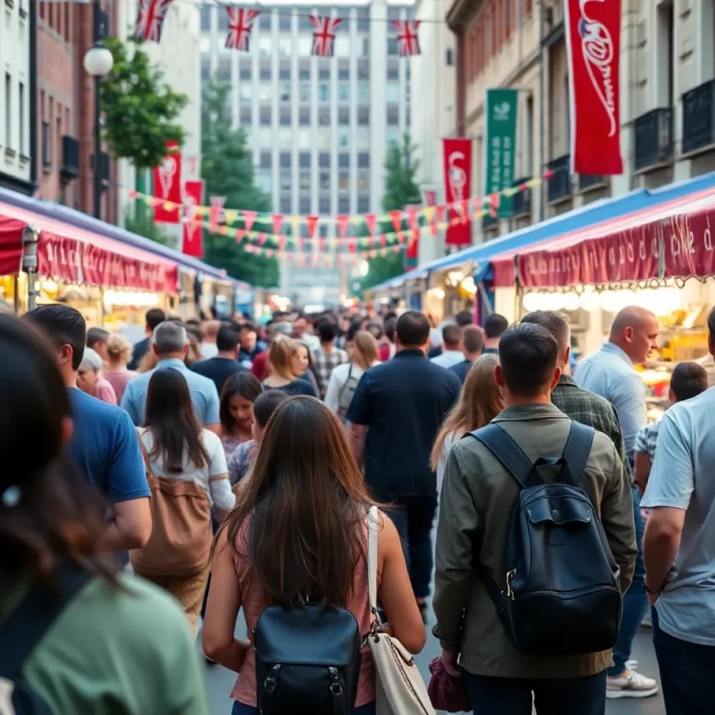 An outdoor street festival in Beverly Hills with people enjoying various activities and food stalls.