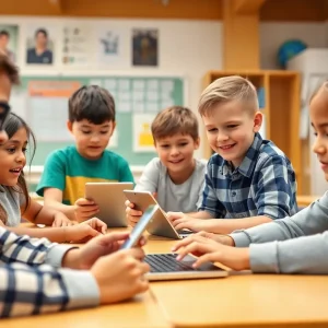 Students in a classroom engaging with technology while focusing on online safety.