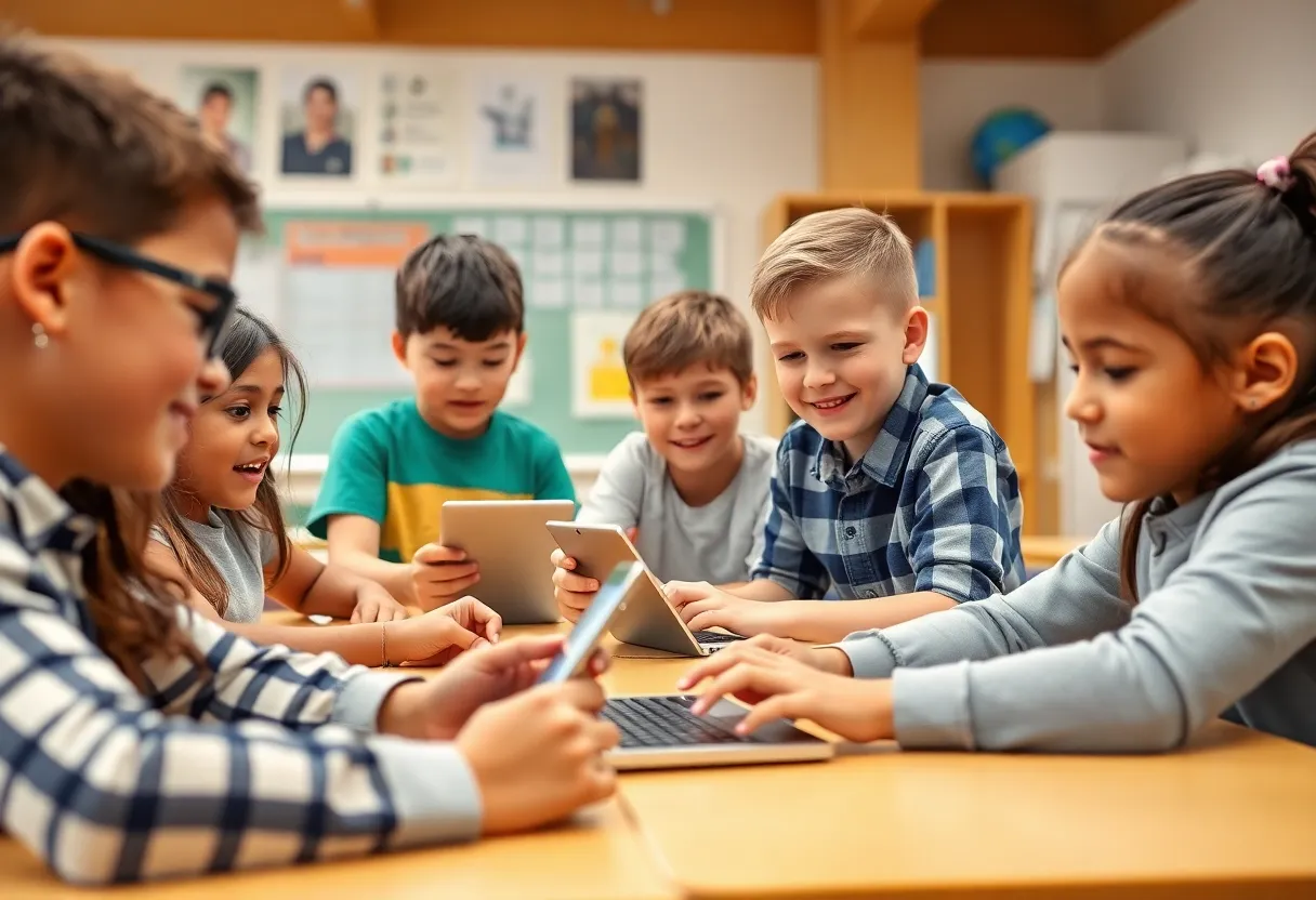 Students in a classroom engaging with technology while focusing on online safety.