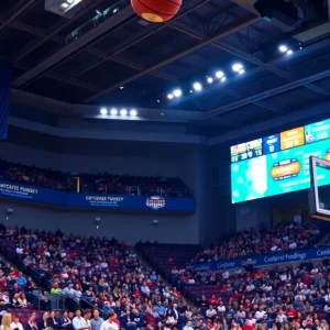 College athletics game with university banners