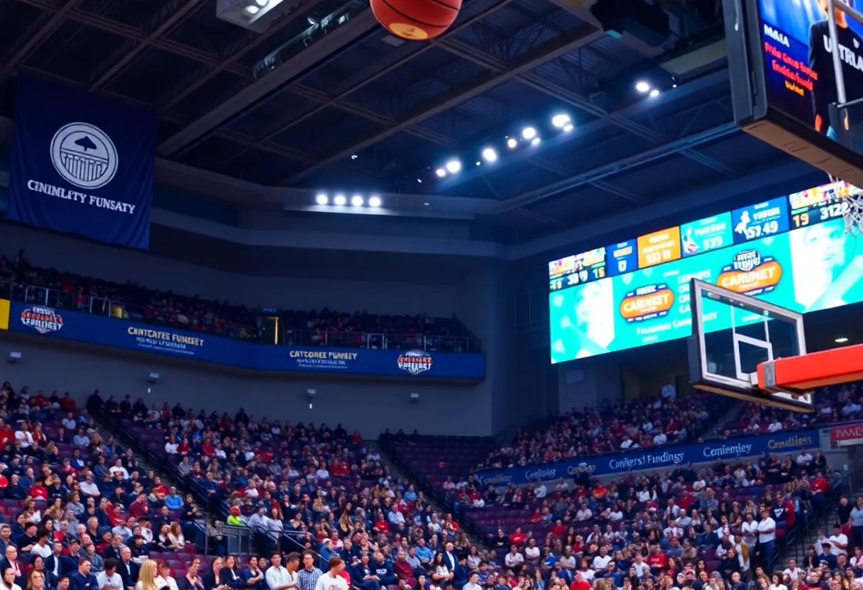 College athletics game with university banners