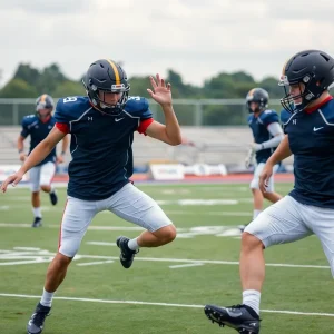A group of college football punters practicing on the field.