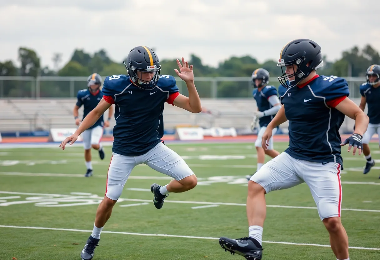 A group of college football punters practicing on the field.