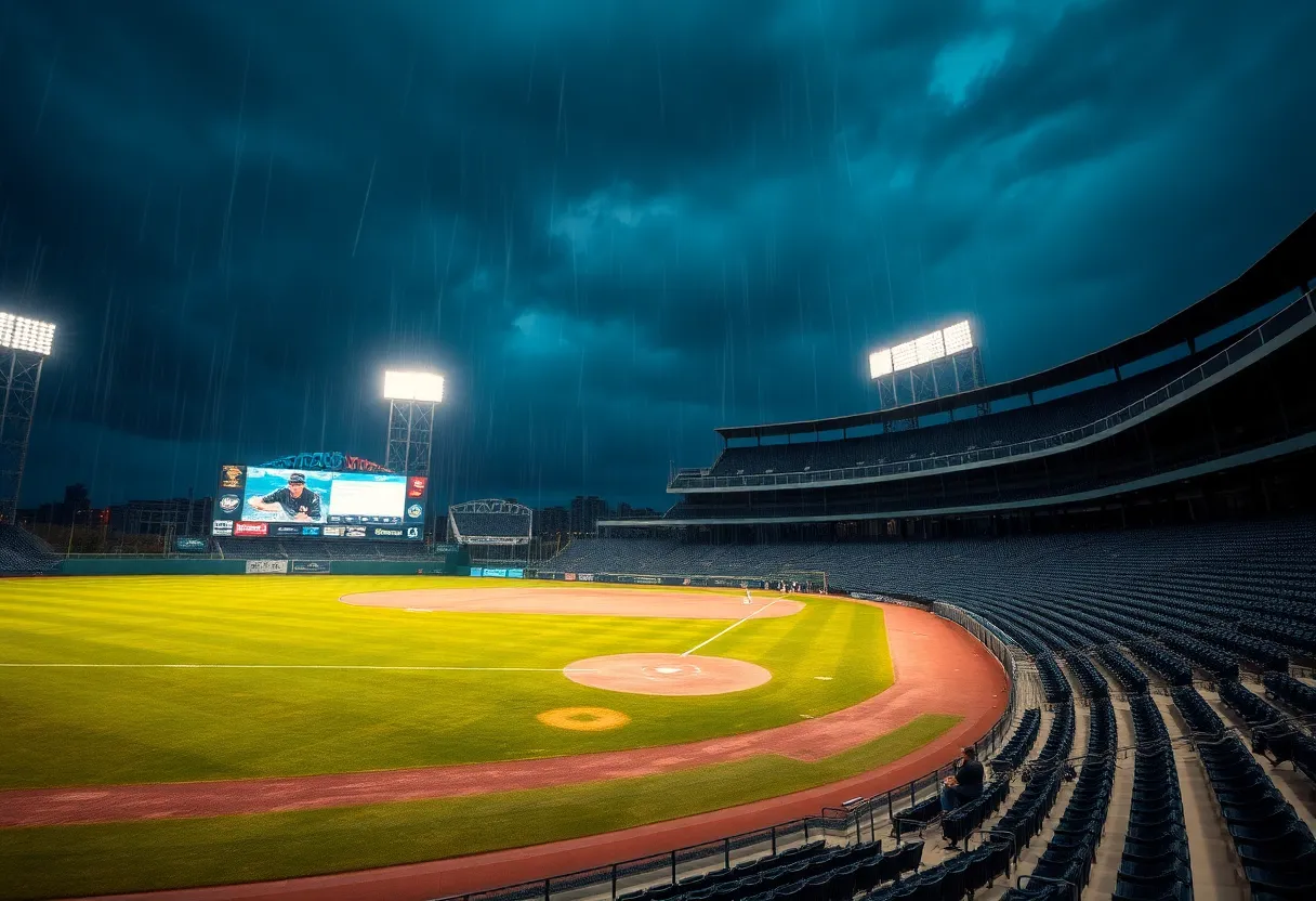 Rain delays the College World Series game between LSU and UCLA.