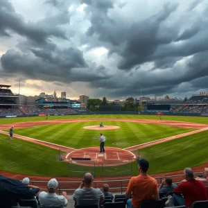 Baseball field under stormy skies during College World Series