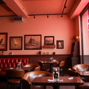 Interior of Diner Antonette showcasing warm tones and art decor