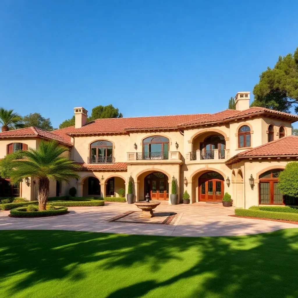 Exterior view of a luxurious mansion in Beverly Hills with lush green surroundings