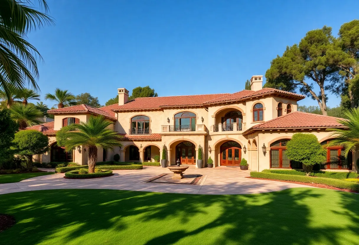 Exterior view of a luxurious mansion in Beverly Hills with lush green surroundings