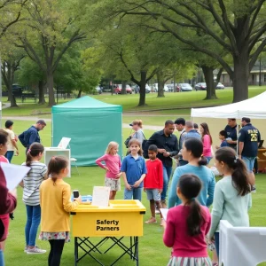 Families engaging in emergency preparedness activities at Roxbury Memorial Park