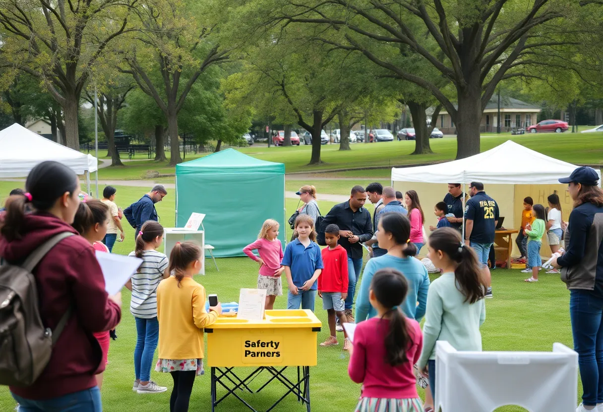 Families engaging in emergency preparedness activities at Roxbury Memorial Park
