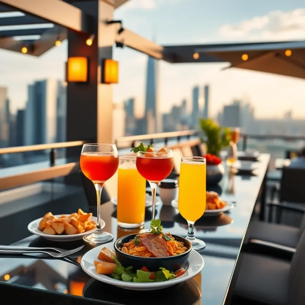 Rooftop brunch setting with gourmet dishes and skyline views in Los Angeles.
