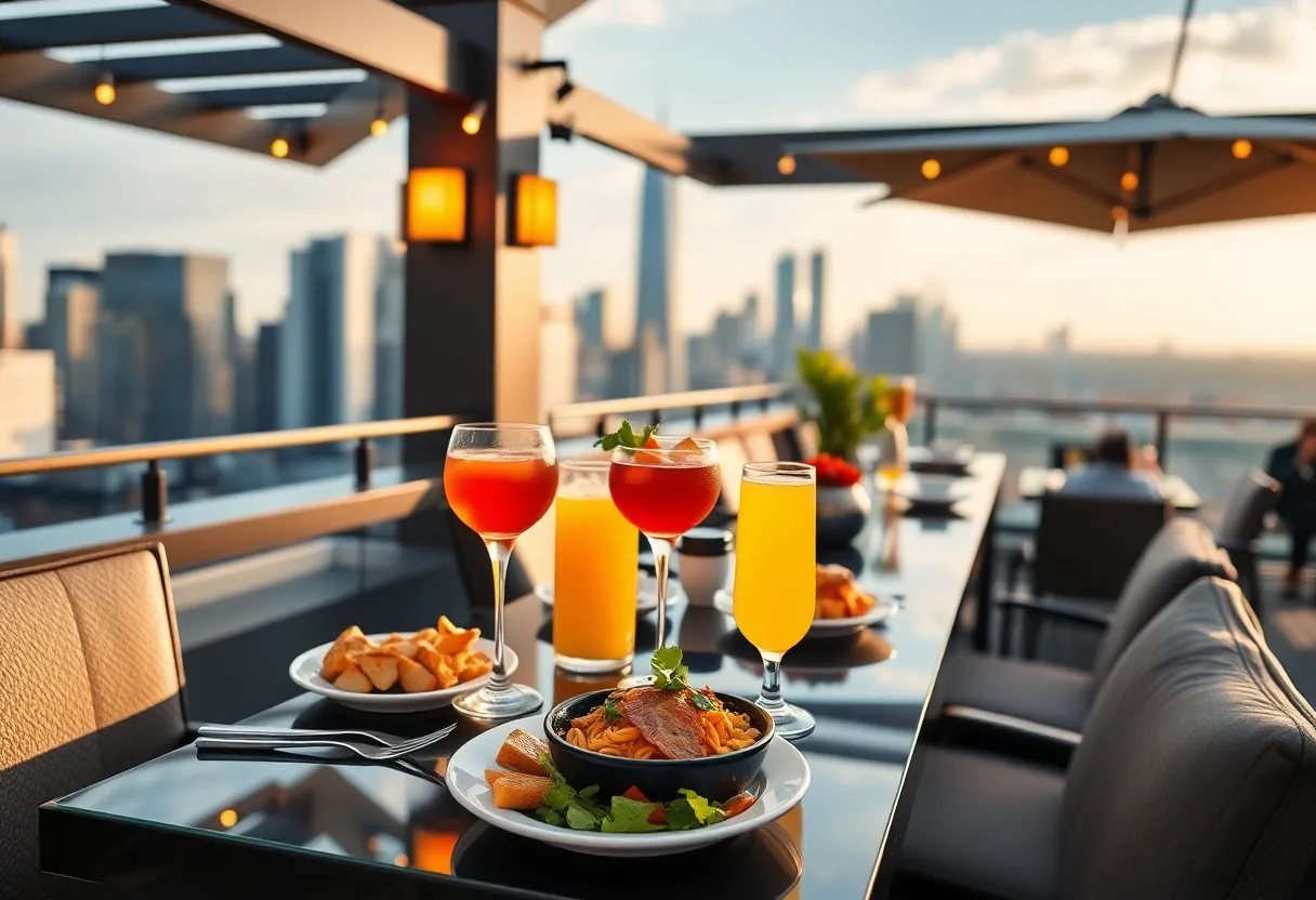 Rooftop brunch setting with gourmet dishes and skyline views in Los Angeles.
