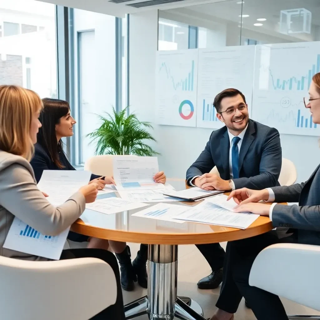 A financial advisor office with professionals discussing financial strategies.