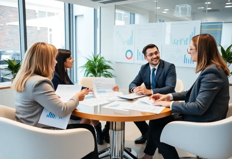 A financial advisor office with professionals discussing financial strategies.