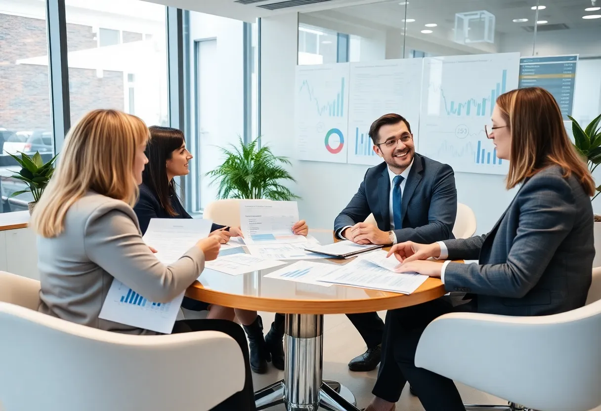 A financial advisor office with professionals discussing financial strategies.