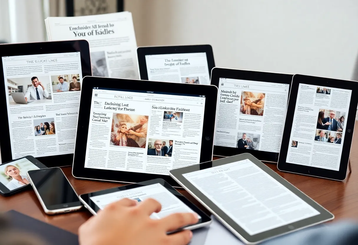 Person reading articles on various devices representing digital journalism