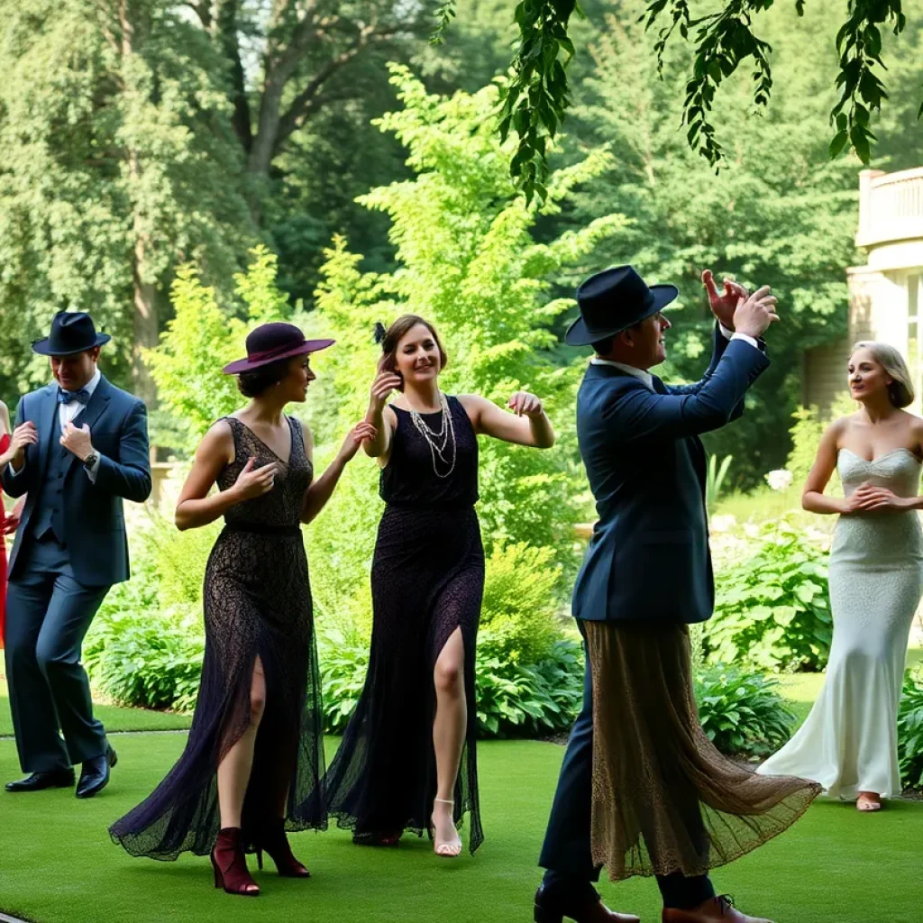A scene from Gatsby Redux showcasing outdoor dance in a historic mansion garden.