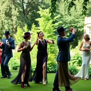 A scene from Gatsby Redux showcasing outdoor dance in a historic mansion garden.
