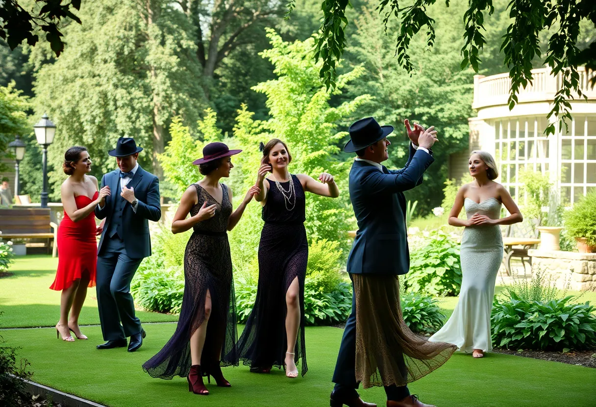 A scene from Gatsby Redux showcasing outdoor dance in a historic mansion garden.