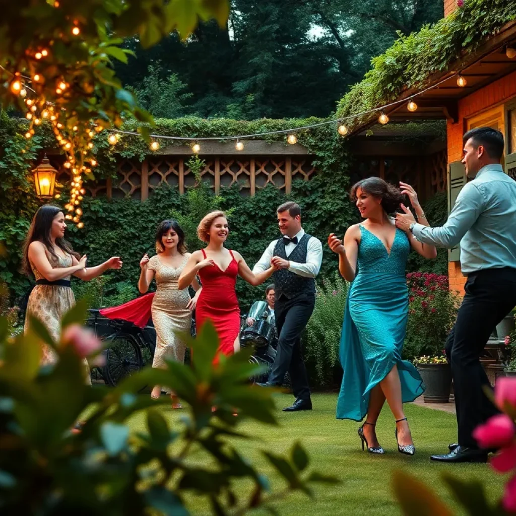 Dancers performing in a garden inspired by The Great Gatsby.