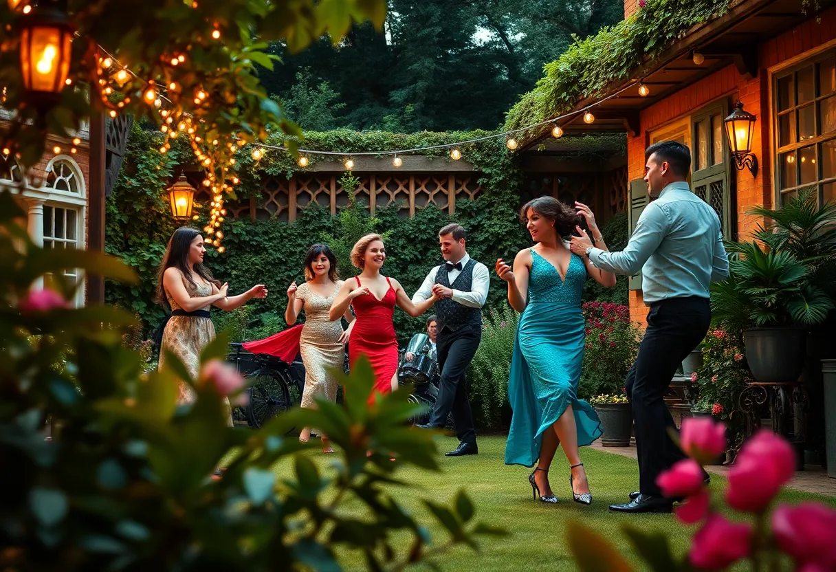 Dancers performing in a garden inspired by The Great Gatsby.