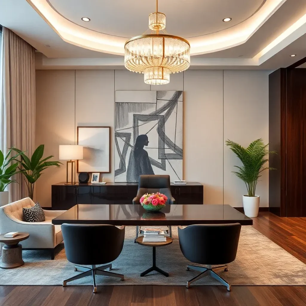 Interior of Hilton & Hyland brokerage office with artistic decor.