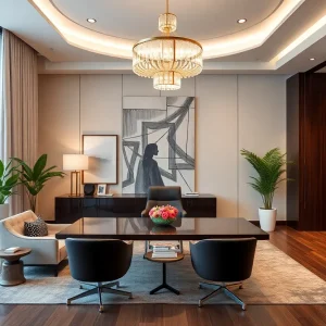 Interior of Hilton & Hyland brokerage office with artistic decor.