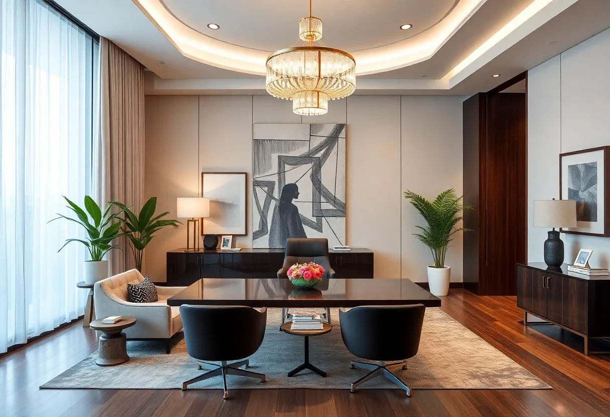 Interior of Hilton & Hyland brokerage office with artistic decor.
