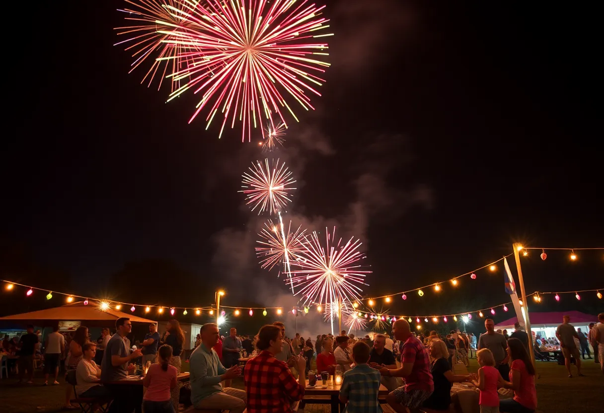 Fireworks display over a festive Independence Day gathering